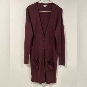 HALOGEN LONGLINE  CARDIGAN  50% MERINO WOOL BURGUNDY SIZE XL